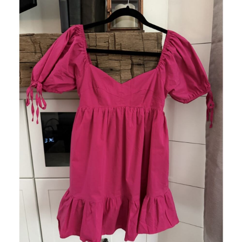 &Merci Hot Pink Puff Sleeve Tie Smocked Babydoll Mini Dress Size Small